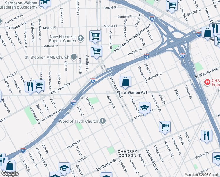 map of restaurants, bars, coffee shops, grocery stores, and more near 4032 West Warren Avenue in Detroit