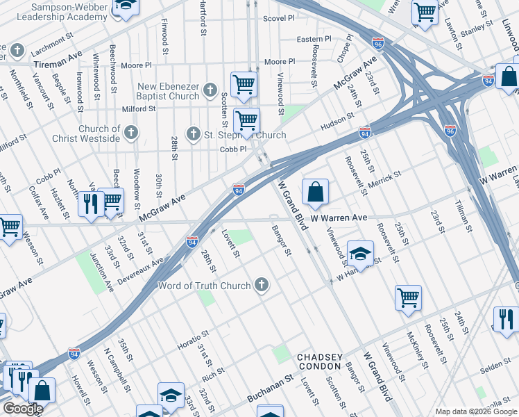 map of restaurants, bars, coffee shops, grocery stores, and more near 4200 West Warren Avenue in Detroit
