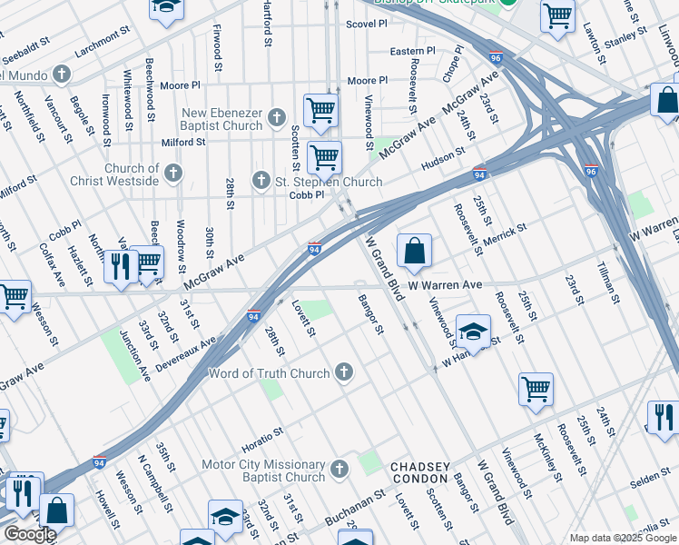 map of restaurants, bars, coffee shops, grocery stores, and more near 4200 West Warren Avenue in Detroit