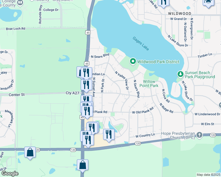 map of restaurants, bars, coffee shops, grocery stores, and more near 18832 West Deerpath Road in Grayslake