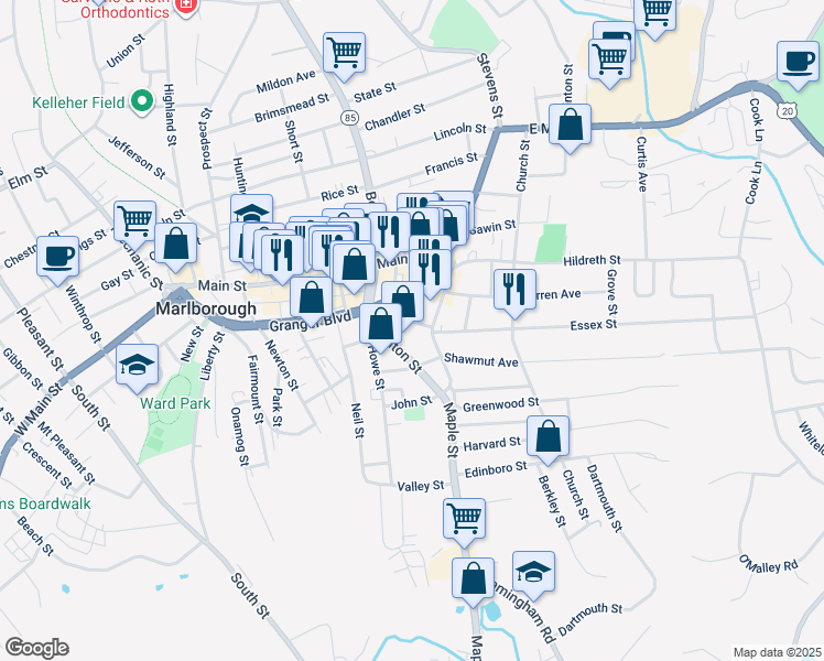 map of restaurants, bars, coffee shops, grocery stores, and more near 55 Maple Street in Marlborough