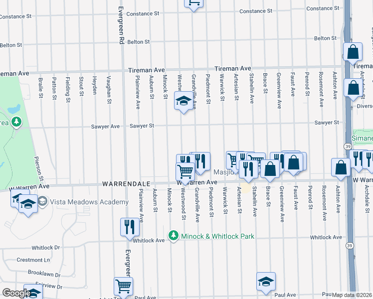 map of restaurants, bars, coffee shops, grocery stores, and more near 7320 Westwood Street in Detroit