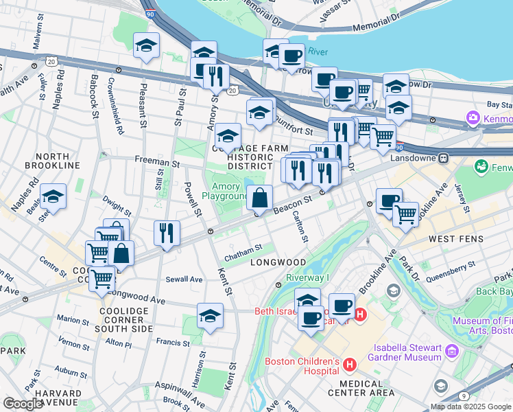 map of restaurants, bars, coffee shops, grocery stores, and more near 1110 Beacon Street in Brookline