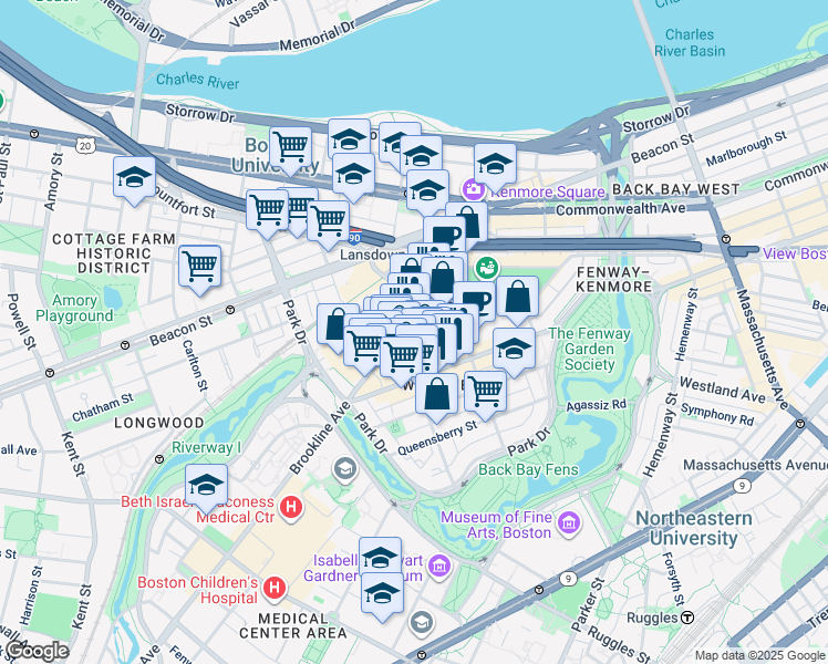 map of restaurants, bars, coffee shops, grocery stores, and more near 122 Brookline Avenue in Boston