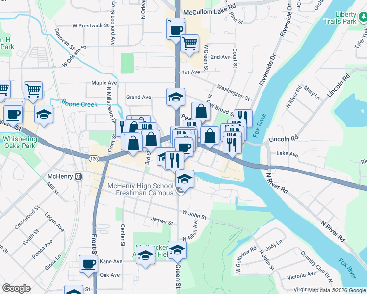 map of restaurants, bars, coffee shops, grocery stores, and more near 1225 North Green Street in McHenry