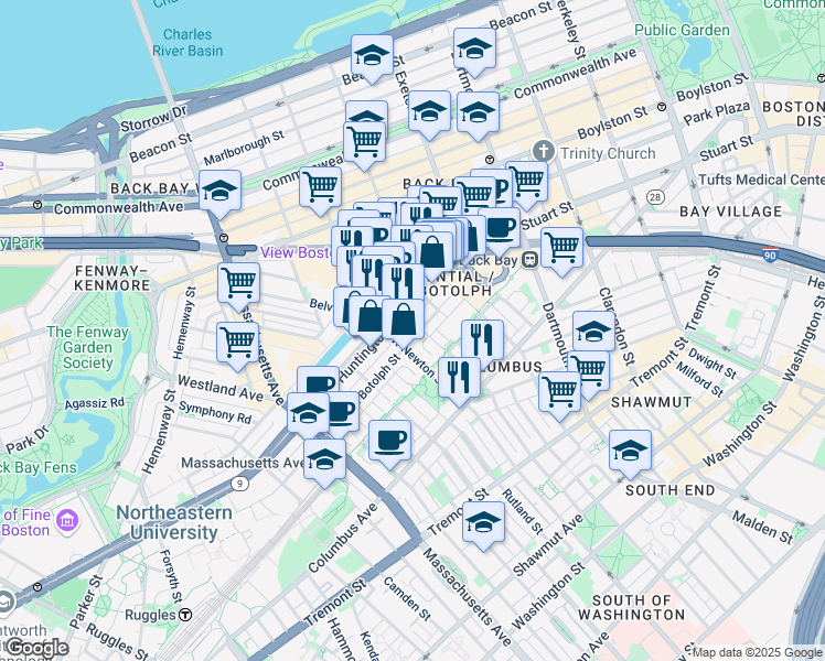 map of restaurants, bars, coffee shops, grocery stores, and more near 89 Saint Botolph Street in Boston