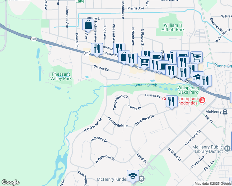 map of restaurants, bars, coffee shops, grocery stores, and more near 1129 Cumberland Circle in McHenry