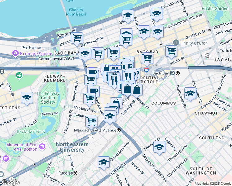 map of restaurants, bars, coffee shops, grocery stores, and more near 101 Belvidere Street in Boston