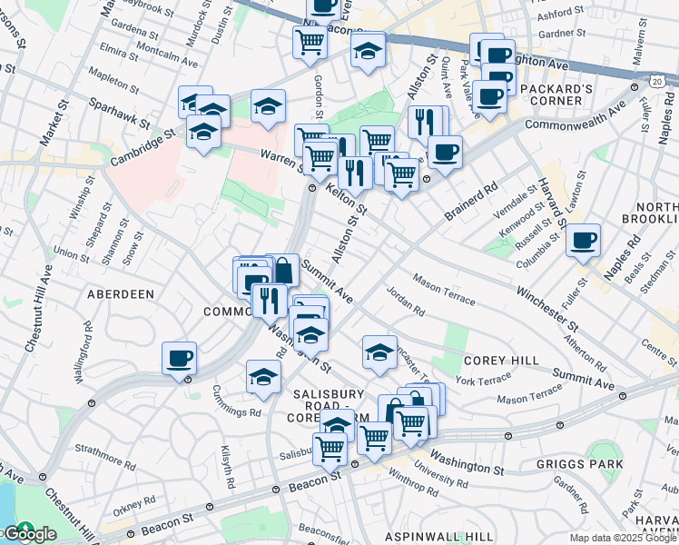 map of restaurants, bars, coffee shops, grocery stores, and more near 4 Woodstock Avenue in Boston