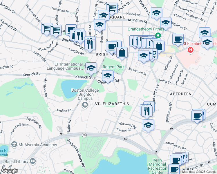 map of restaurants, bars, coffee shops, grocery stores, and more near 60 Glenmont Road in Boston