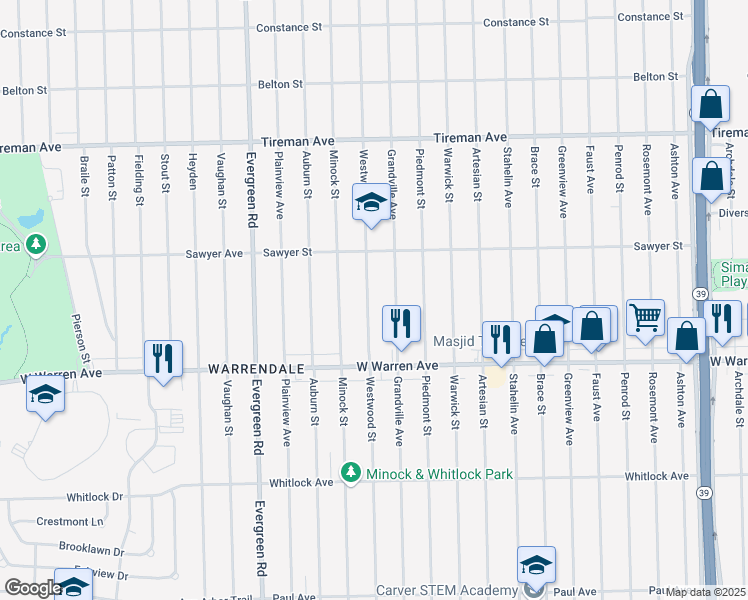 map of restaurants, bars, coffee shops, grocery stores, and more near 7344 Westwood Street in Detroit