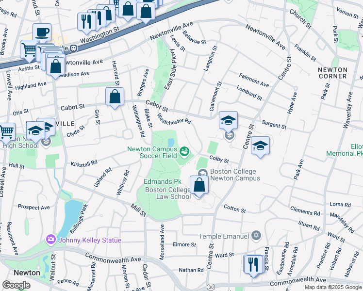 map of restaurants, bars, coffee shops, grocery stores, and more near 18 Rochester Road in Newton