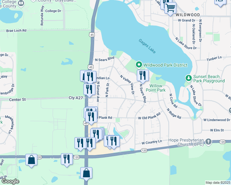 map of restaurants, bars, coffee shops, grocery stores, and more near 18832 West Deerpath Road in Grayslake