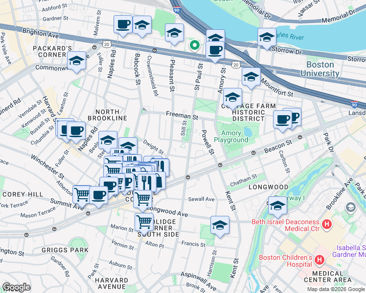 map of restaurants, bars, coffee shops, grocery stores, and more near 63 Parkman Street in Brookline