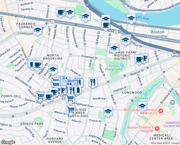 map of restaurants, bars, coffee shops, grocery stores, and more near 63 Parkman Street in Brookline