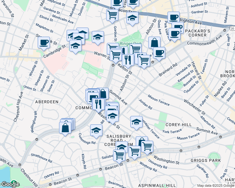 map of restaurants, bars, coffee shops, grocery stores, and more near 317 Summit Avenue in Boston