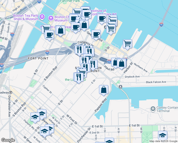 map of restaurants, bars, coffee shops, grocery stores, and more near 451 D Street in Boston