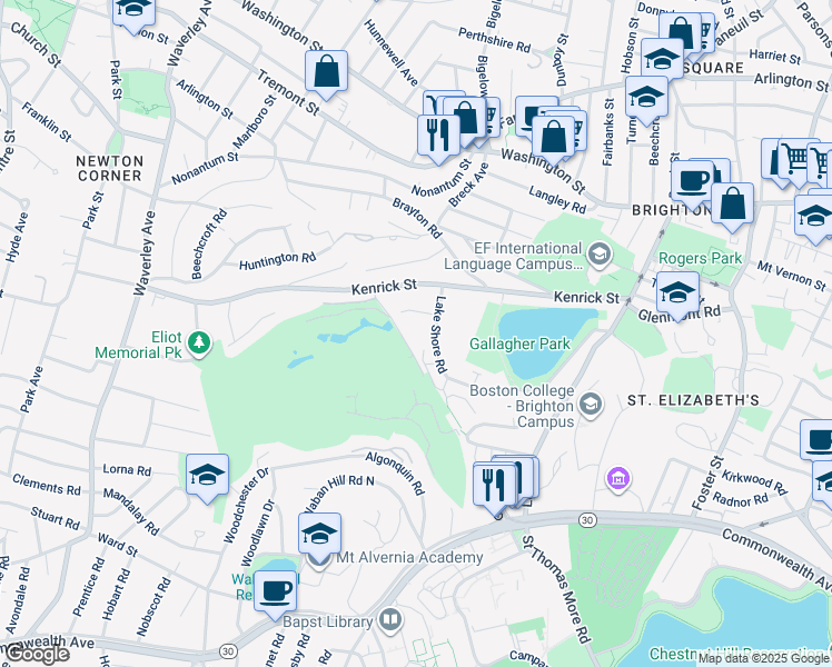 map of restaurants, bars, coffee shops, grocery stores, and more near 182 Lake Shore Road in Boston