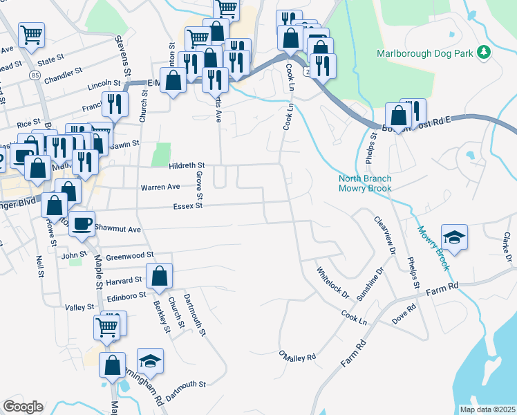 map of restaurants, bars, coffee shops, grocery stores, and more near 227 Essex Street in Marlborough