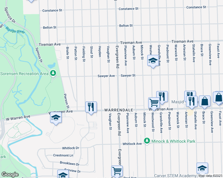 map of restaurants, bars, coffee shops, grocery stores, and more near 7354 Vaughan Street in Detroit