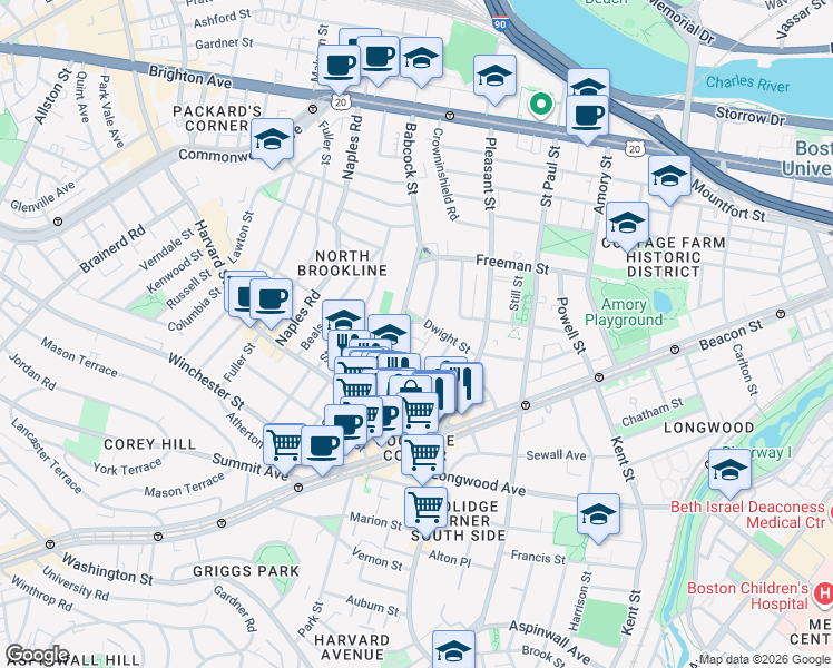 map of restaurants, bars, coffee shops, grocery stores, and more near 62 Green Street in Brookline