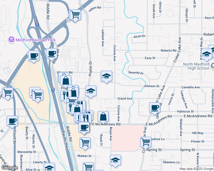 map of restaurants, bars, coffee shops, grocery stores, and more near 1400 Johnson Street in Medford