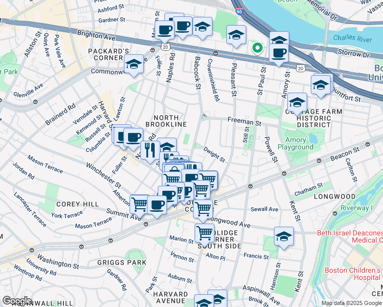 map of restaurants, bars, coffee shops, grocery stores, and more near 51 John Street in Brookline