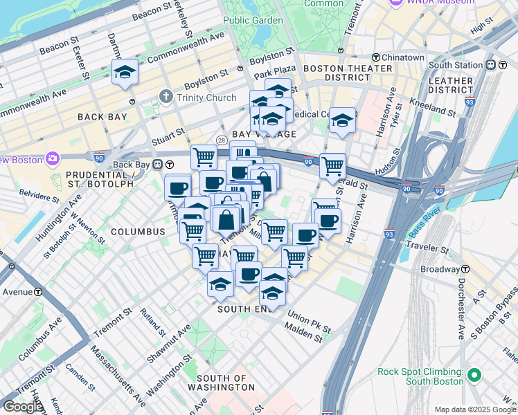 map of restaurants, bars, coffee shops, grocery stores, and more near 514 Tremont Street in Boston