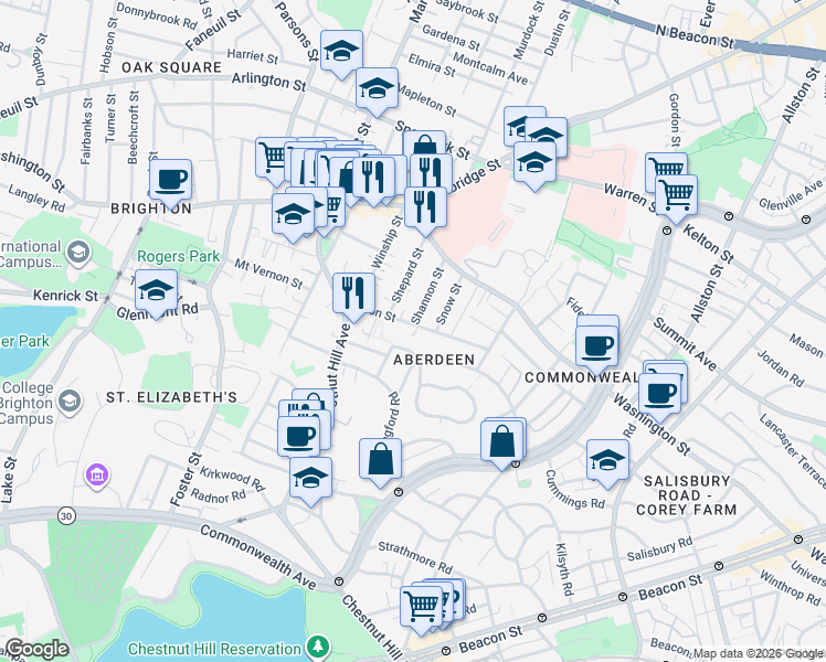 map of restaurants, bars, coffee shops, grocery stores, and more near 30 Blenford Road in Boston