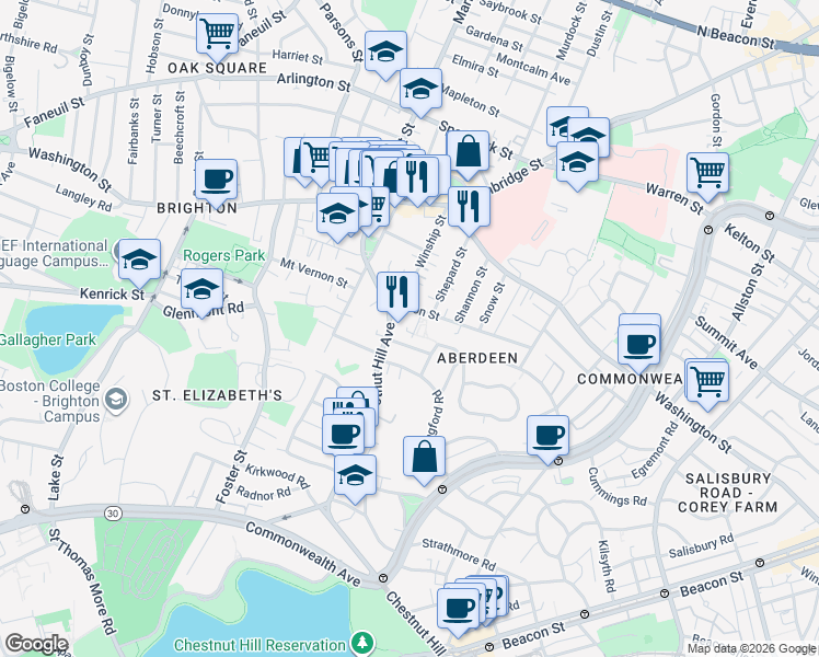 map of restaurants, bars, coffee shops, grocery stores, and more near 8 Priscilla Road in Boston