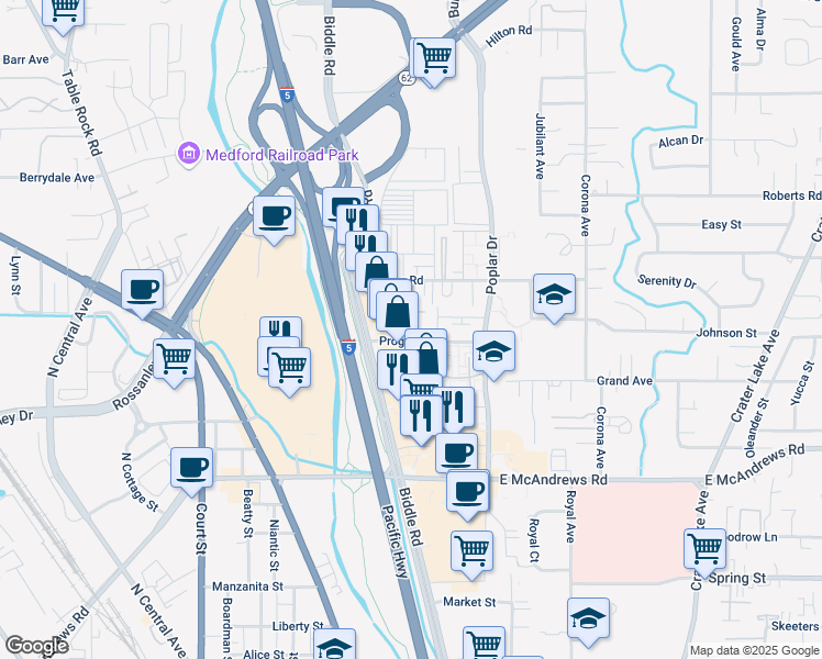 map of restaurants, bars, coffee shops, grocery stores, and more near 1112 Progress Drive in Medford