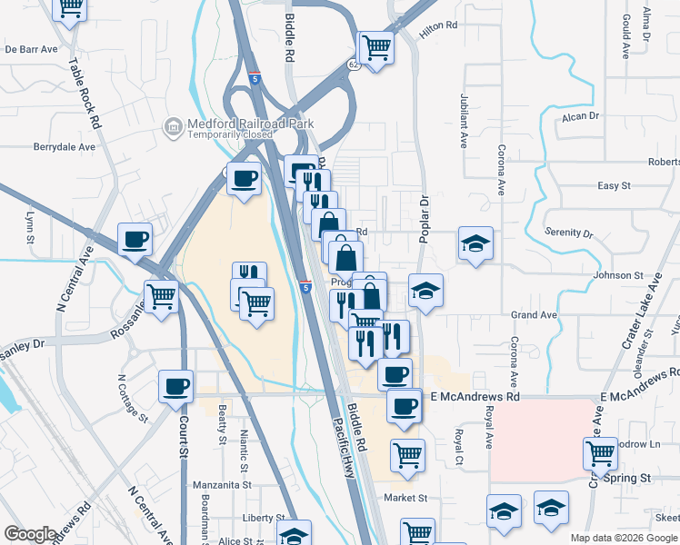 map of restaurants, bars, coffee shops, grocery stores, and more near 1112 Progress Drive in Medford