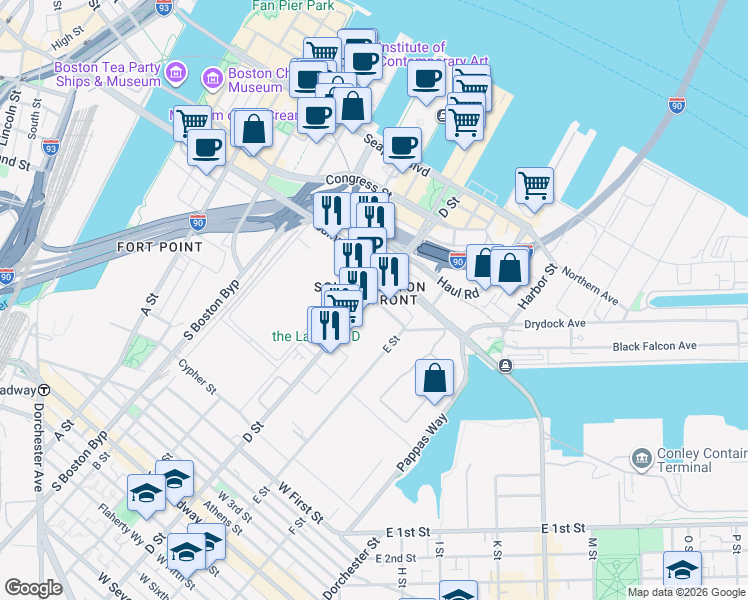 map of restaurants, bars, coffee shops, grocery stores, and more near 451 D Street in Boston