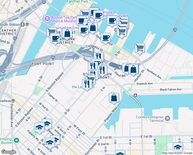 map of restaurants, bars, coffee shops, grocery stores, and more near 451 D Street in Boston