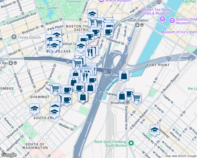 map of restaurants, bars, coffee shops, grocery stores, and more near 202 Albany Street in Boston