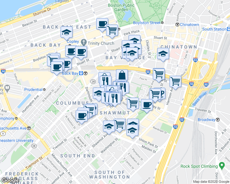 map of restaurants, bars, coffee shops, grocery stores, and more near 34 Warren Avenue in Boston