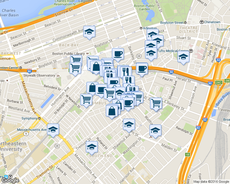 map of restaurants, bars, coffee shops, grocery stores, and more near 67 Dartmouth Street in Boston