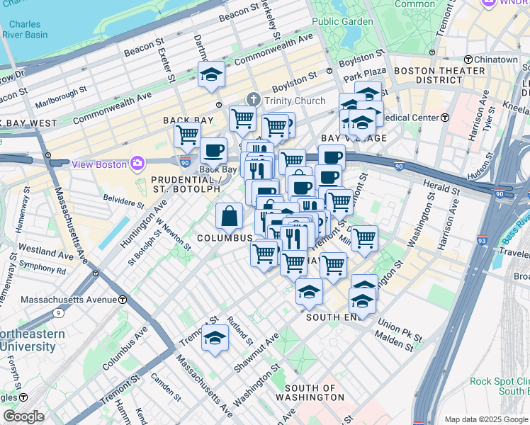 map of restaurants, bars, coffee shops, grocery stores, and more near 67 Dartmouth Street in Boston