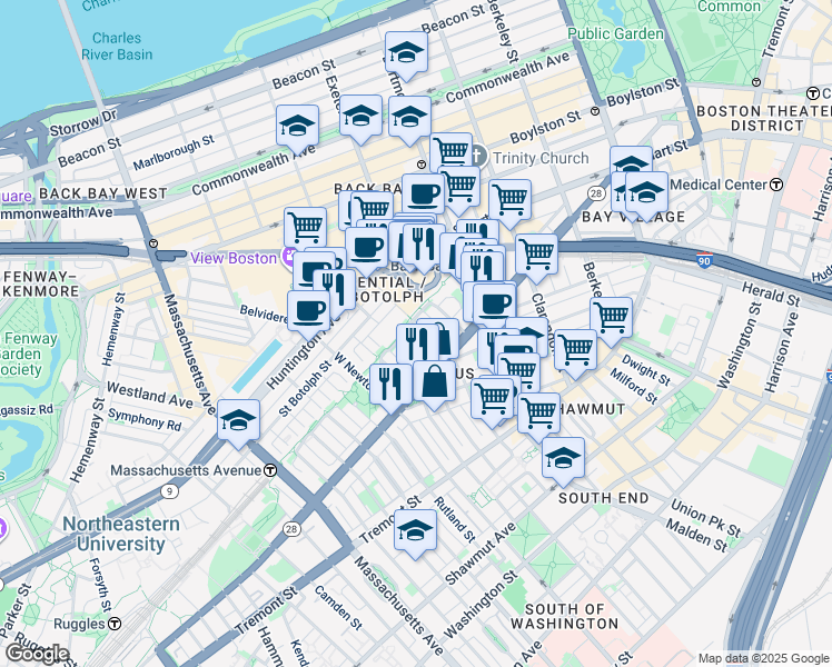 map of restaurants, bars, coffee shops, grocery stores, and more near in Boston