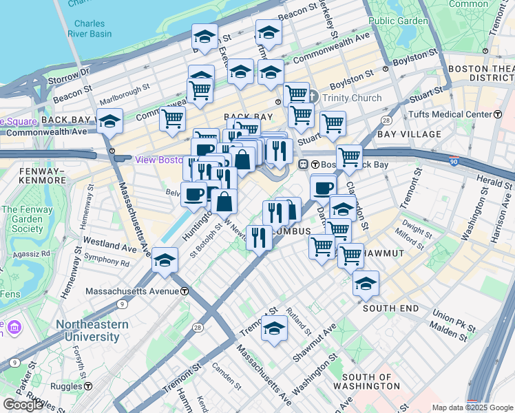 map of restaurants, bars, coffee shops, grocery stores, and more near in Boston