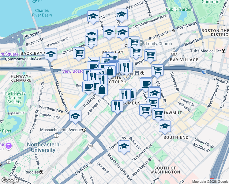 map of restaurants, bars, coffee shops, grocery stores, and more near 32 Garrison Street in Boston