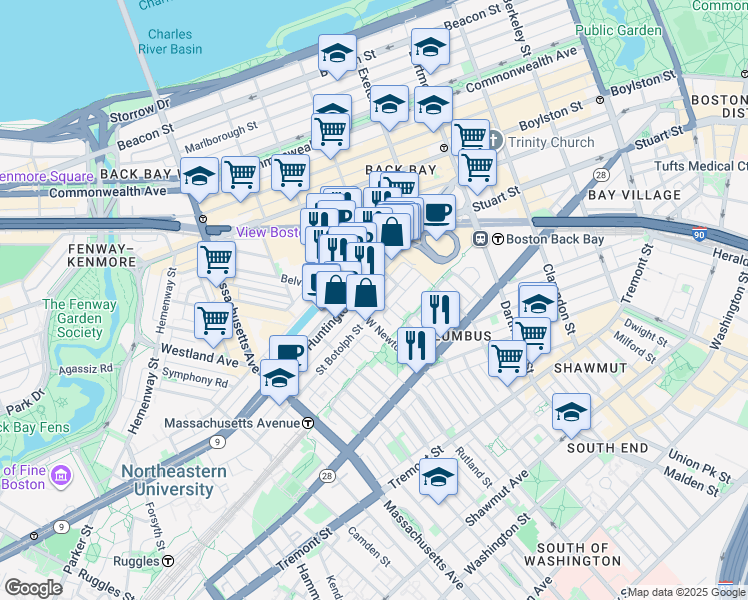 map of restaurants, bars, coffee shops, grocery stores, and more near 94 Saint Botolph Street in Boston