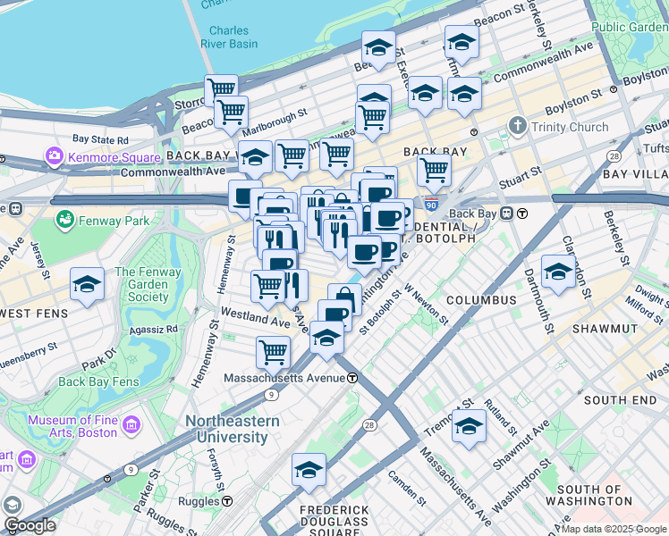 map of restaurants, bars, coffee shops, grocery stores, and more near 41 Clearway Street in Boston