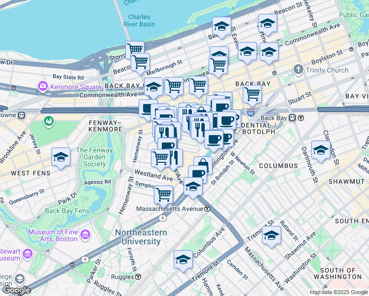 map of restaurants, bars, coffee shops, grocery stores, and more near 41 Clearway Street in Boston