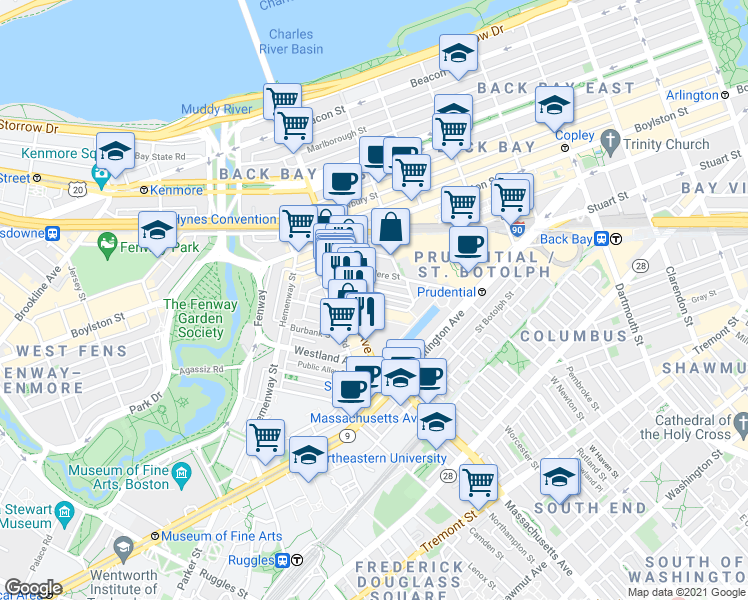 map of restaurants, bars, coffee shops, grocery stores, and more near 216 Massachusetts Avenue in Boston