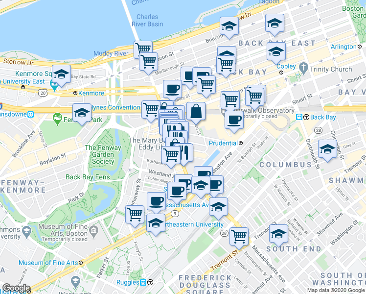 map of restaurants, bars, coffee shops, grocery stores, and more near 216 Massachusetts Avenue in Boston