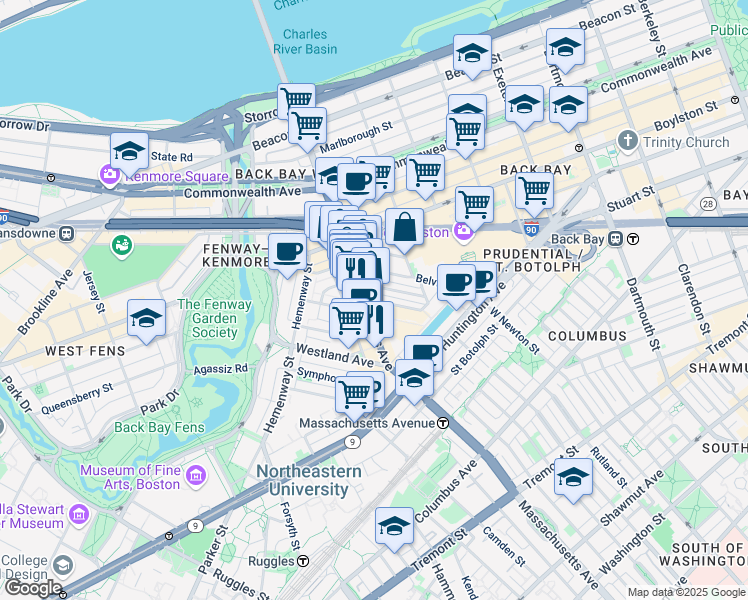 map of restaurants, bars, coffee shops, grocery stores, and more near 216 Massachusetts Avenue in Boston