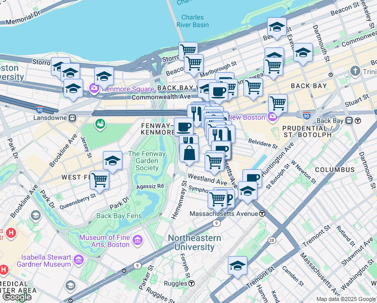 map of restaurants, bars, coffee shops, grocery stores, and more near 56-60 Hemenway Street in Boston
