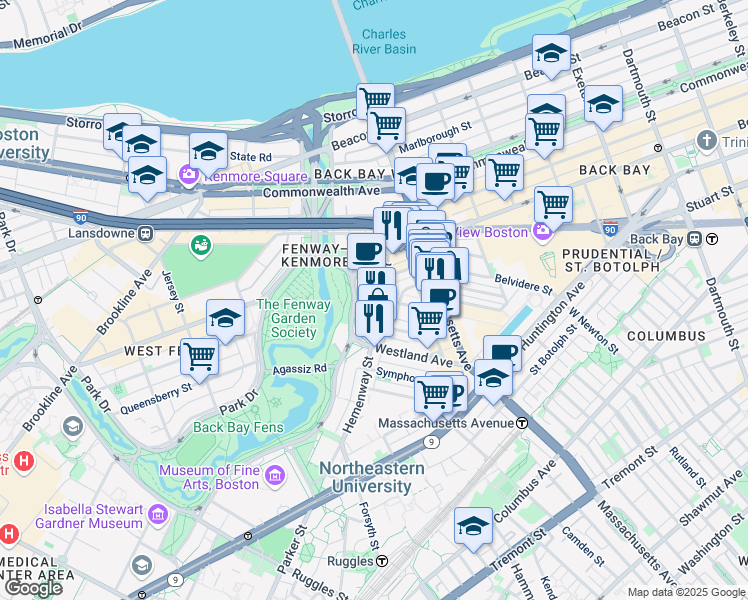 map of restaurants, bars, coffee shops, grocery stores, and more near 56-60 Hemenway Street in Boston