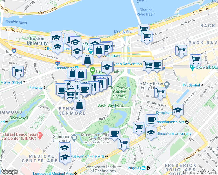 map of restaurants, bars, coffee shops, grocery stores, and more near in Boston